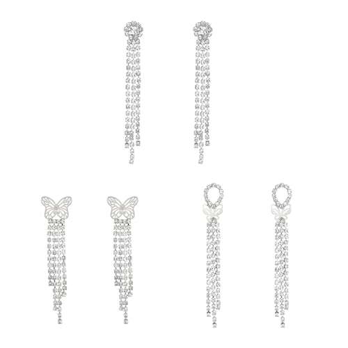 KBRPEY 3 Paare Damen Lange Ohrringe, Silberne Strass Quasten Ohrringe Strass Linear Tropfen Ohrringe Kristall Linear Ohrringe Schmuck für Frauen und Mädchen von KBRPEY