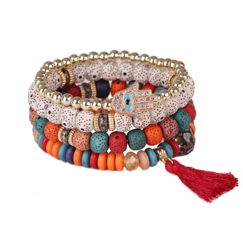 KBRPEY 4 Stück Boho Perlenarmband Set Hamsa Handarmband Mehrfarbig Naturstein Armbänder Stapelbar Elastisch Quaste Schmuck Damenarmband von KBRPEY