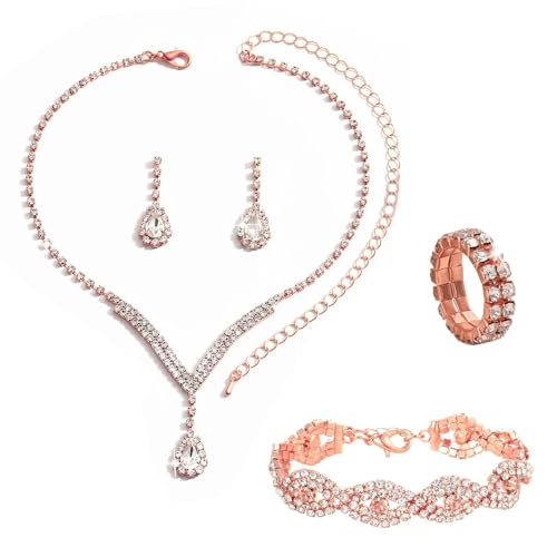 KBRPEY 4 Stück Brautschmuck Set Damen Mädchen Braut Halskette Tropfen Anhänger Ohrringe Ring Strass Armband Set Strass Kristall Hochzeit Schmuck Set Strass Halskette Hochzeit Party (Roségold) von KBRPEY