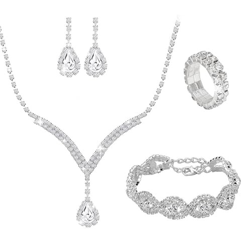 KBRPEY 4 Stück Brautschmuck Set Damen Mädchen Braut Halskette Tropfen Anhänger Ohrringe Ring Strass Armband Set Strass Kristall Hochzeit Schmuck Set Strass Halskette Hochzeit Party (Silber) von KBRPEY