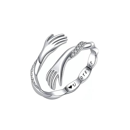 KBRPEY 925 Sterling Silber Umarmungsring Verstellbarer Umarmungsring Kristall Ring Romantischer Love Hugging Hands Ring Silber Geben Sie Mir Eine Umarmung Hand Offene Ring (Type A) von KBRPEY