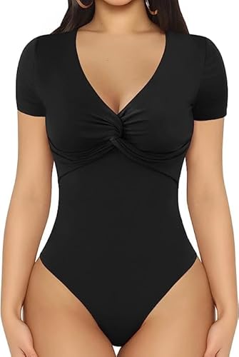 KBRPEY Body Damen Sexy V-Ausschnitt Bodysuit Bodys Kurzarm Sexy Bluse Tops Damenbody Elegant Sommer Stringbody Oberteil Overall Unterziehbody für Frauen (S) von KBRPEY