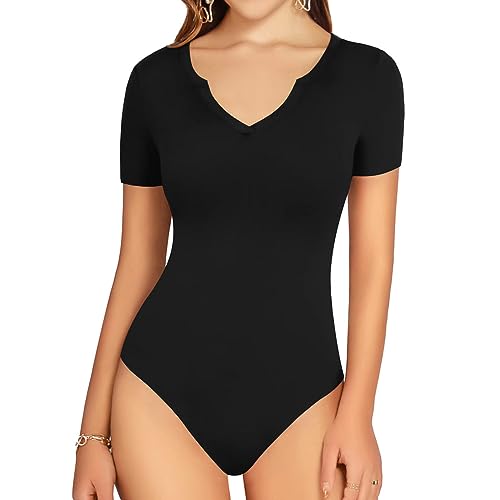 KBRPEY Body Damen Sexy V-Ausschnitt Bodysuit Bodys Kurzarm Sexy Bluse Tops Damenbody Elegant Sommer Stringbody Oberteil Overall Unterziehbody für Frauen (S) von KBRPEY