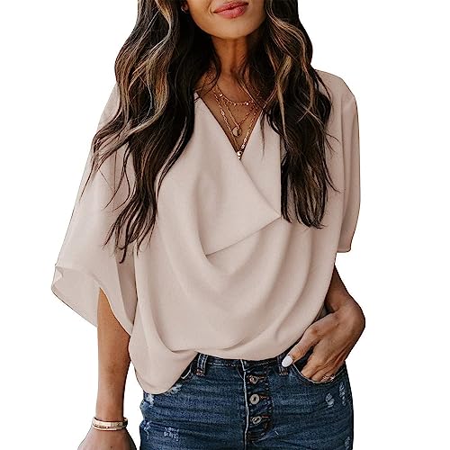 KBRPEY Shirts Damen Sommer Vausschnitt Wickeloptik Kurzarm Tshirt Basic T Shirt Elegant Locker Oberteile Casual Bluse Frühling Tunika Chiffon Longshirt von KBRPEY