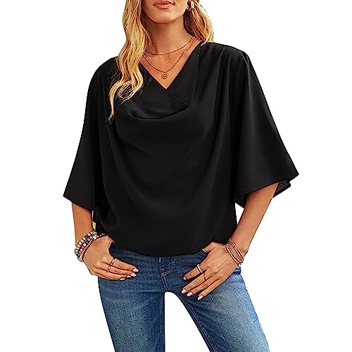 KBRPEY Shirts Damen Sommer Vausschnitt Wickeloptik Kurzarm Tshirt Basic T Shirt Elegant Locker Oberteile Casual Bluse Frühling Tunika Chiffon Longshirt von KBRPEY