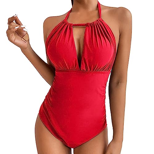 KBRPEY Damen Badeanzug mit Zierausschnitten Raffung Bauchweg Strandmode High Neck Einteilige Bademode Swimsuit Push up Bademode Rückenfrei Strandmode (Rot 2XL) von KBRPEY