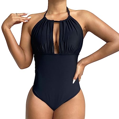 KBRPEY Damen Badeanzug mit Zierausschnitten Raffung Bauchweg Strandmode High Neck Einteilige Bademode Swimsuit Push up Bademode Rückenfrei Strandmode (Schwarz 2XL) von KBRPEY