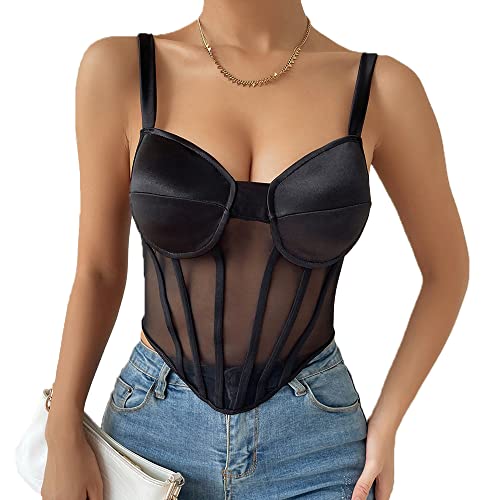 KBRPEY Damen Sexy Corset Top Y2k Spitze Korsett Tops Ärmellos Spaghettiträger Bustier Cami Tanks Push Up Korsett Crop Top Vintage Streetwear(S) von KBRPEY