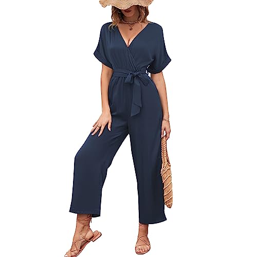 KBRPEY Damen Elegant Jumpsuit Kurzarm V-Ausschnitt Lang Overall Playsuit Sommer Hosenanzug Romper Casual Lose Breites Hosenbein Hosenanzug mit und Gürtel von KBRPEY