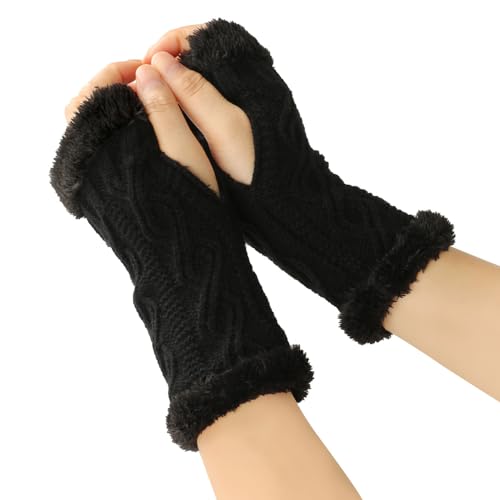 KBRPEY Damen Fingerlose Handschuhe Winter Warme Armstulpen Handschuhe Damen Kurzer Gestrickte Halb Fingerlose Fäustlinge Warm Weiche Strickhandschuhe für Damen (Schwarz) von KBRPEY