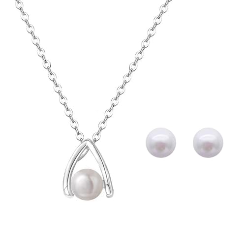 KBRPEY Elegantes Perlen-Schmuckset für Damen bestehend aus Halskette und Ohrringen hochwertiges Silber zeitloses Design Perlenkette und Perlenohrringe Schmucksets für Frauen von KBRPEY