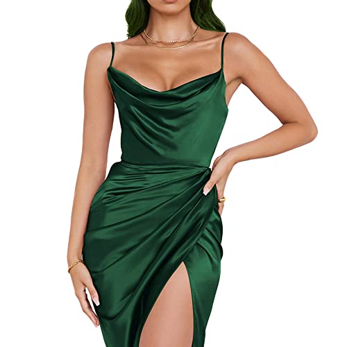 KBRPEY Damen Sexy Bodycon Maxikleid Cami Figurbetontes Kleid, Damen Spaghettiträger Midikleid Asymmetrisch Figurbetontes Ärmelloses Kleid Enger Sommerkleid Partykleid mit Schlitz (Dunkelgrün M) von KBRPEY