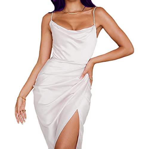 KBRPEY Damen Sexy Bodycon Maxikleid Cami Figurbetontes Kleid, Damen Spaghettiträger Midikleid Asymmetrisch Figurbetontes Ärmelloses Kleid Enger Sommerkleid Partykleid mit Schlitz (Weiß S) von KBRPEY