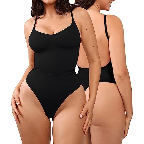 KBRPEY Damen Shapewear Bodysuit Nackter Rücken Shaping Body Thong Sculpting Korsett Bauchweg Tank Top Jumpsuit Figurformender Body Shaper mit Verstellbare Träger (Schwarz L) von KBRPEY