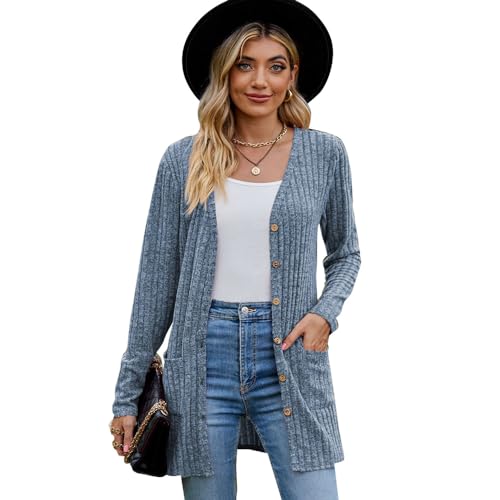 KBRPEY Damen Strickjacke Lang Cardigan Strickjacken für Damen Cardigan Damen Elegante Lange Ärmel Oberteile Casual Langarm Top Open Front Sweater Herbst Winter Jacke Mantel, Hellblau L von KBRPEY