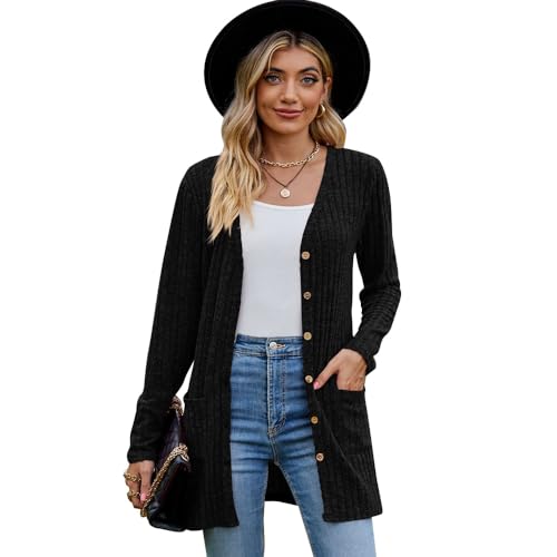 KBRPEY Damen Strickjacke Lang Cardigan Strickjacken für Damen Elegante Lange Ärmel Oberteile Casual Langarm Top Open Front Sweater Herbst Winter Jacke Mantel (Schwarz M) von KBRPEY