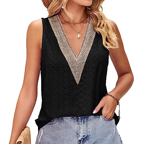 KBRPEY Damen Tank Top V-Ausschnitt Cami Ärmellose Blusen Sommer Weste Shirt Tops Bluse Spitzentop Top mit Spitze Oberteile Casual Camisole Einfarbig (Schwarz XL) von KBRPEY