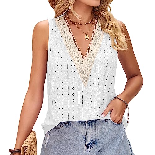 KBRPEY Damen Tank Top V-Ausschnitt Cami Ärmellose Blusen Sommer Weste Shirt Tops Bluse Spitzentop Top mit Spitze Oberteile Casual Camisole Einfarbig (Weiss M) von KBRPEY