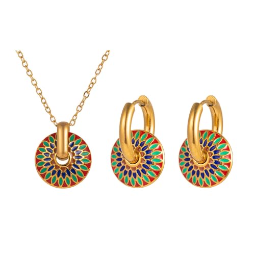 KBRPEY Gänseblümchen Schmuckset Runde Emaille Anhänger Halskette Creolen Ohrringe Boho Schmuck Damen Accessoires Goldfarben von KBRPEY
