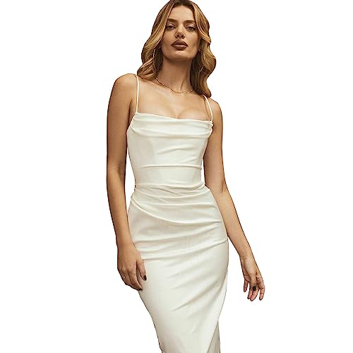 KBRPEY Elegante Kleider Damen Eng Anliegend Sommerkleid Damen Figurbetontes Ärmelloses Kleider Partykleid Faszinierend Bodycon Kleid Weiß Lang(Weiß M) von KBRPEY