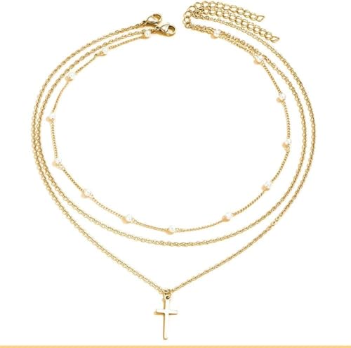 KBRPEY Halskette für Damen Mädchen Perle Kreuz Anhänger Kette Klassisch Halskette mit Mehreren Schichten Modeschmuck Retro Geschenke für Valentinstag Geburtstag von KBRPEY