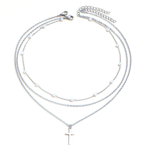 KBRPEY Halskette für Damen Mädchen Perle Kreuz Anhänger Kette Klassisch Halskette mit Mehreren Schichten Modeschmuck Retro Geschenke für Valentinstag Geburtstag von KBRPEY