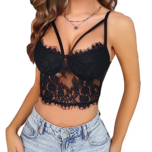 KBRPEY Korsett Damen Sexy Spitze Blumendruck Träger Korsett Kurzes Crop Top Sexy Sommer Camisole Spitzen Schlauchoberteil Lace Up Waist Cincher Shaper Bustier Aesthetic (S) von KBRPEY