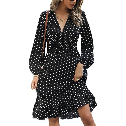 KBRPEY Langarm Kleid Damen V Ausschnitt Kleid Elegant Rüschensaum Freizeitkleider Polka Dots Kleid Damen Lange Ärmel Midikleid Abendkleid Fließende Korsettkleider(Black M) von KBRPEY