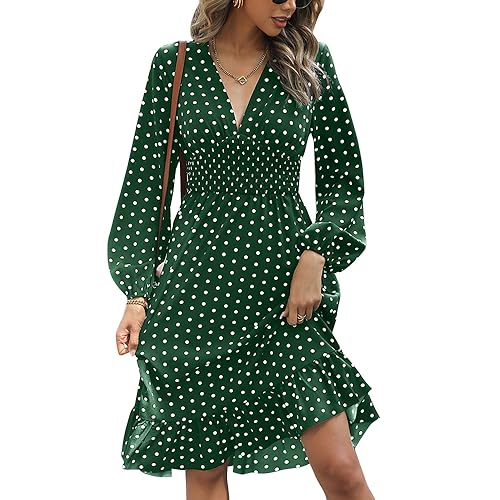 KBRPEY Langarm Kleid Damen V Ausschnitt Kleid Elegant Rüschensaum Freizeitkleider Polka Dots Kleid Damen Lange Ärmel Midikleid Abendkleid Fließende Korsettkleider(Green S) von KBRPEY