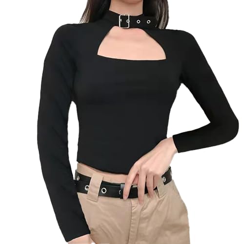 KBRPEY Langarmshirt Damen Eng Basic Tshirt Langarm Cut Out Crop Top Y2K Kurz Slim Fit Bluse Casual Top Rundhals Pullover Sexy Oberteile Lange Ärmel Bluse (Schwarz XL) von KBRPEY