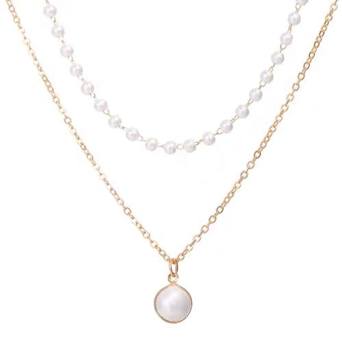 KBRPEY Perlen Kette für Damen Doppel Mehrreihige Zarte Goldene Kette Plättchen Schmuck Strand Schmuck Halskette Hypoallergene KBRPEY Perlen Kette für Damen Doppel Mehrreihige Zarte Goldene Kette Plättchen Schmuck Strand Schmuck Halskette Hypoallergene von KBRPEY