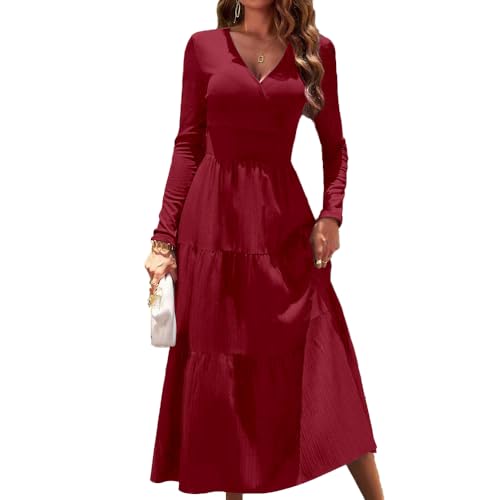 Pulloverkleid Damen V-Ausschnitt Kleid Damen Elegant Langarm Warm Kleider Lange Bodycon Festlich Abendkleid Cocktailkleid Maxikleider Herbst Winter(Weinrot XL) von KBRPEY