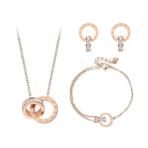 KBRPEY Schmuckset Damen, Damen Kette und Ohrringe für Damen, Set mit Kristallanhänger, Weiß Kristalle Rund Schmuck-Set Halskette Ohrringe Rosé Vergoldet für Damen Geschenk für Mädchen Frauen von KBRPEY