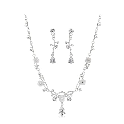 KBRPEY Schmuckset Damen Brautschmuck Schmuck Hochzeit Set Blumen Strass Kristall Halskette Anhänger Ohrring Set Kostüm Schmuck Set Braut Hochzeit Party von KBRPEY