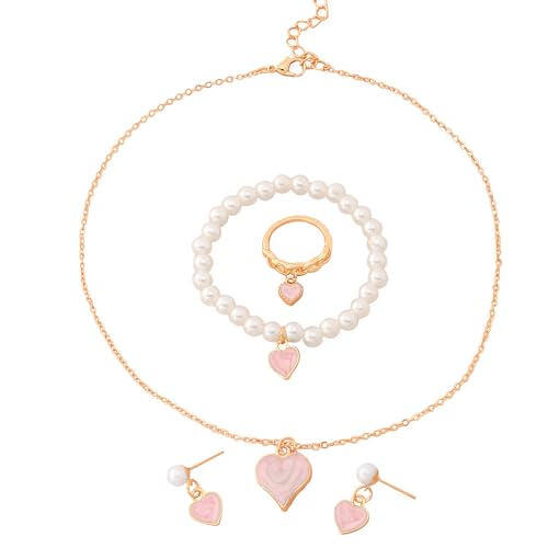 KBRPEY 4 Stück Herz Schmuckset Perlenarmband Halskette Ohrringe Ring Damen Schmuck Herzanhänger Perlenschmuck Juwelenset Rosegold Elegantes Accessoire von KBRPEY