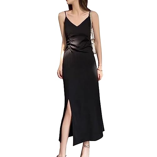 KBRPEY Sexy Kleid Damen V-Ausschnitt Midikleid Spaghettiträger Partykleid Bodycon Kleider mit Schlitz Elegant Casual Dress Sommer Rückenfrei Kleid (Schwarz M) von KBRPEY