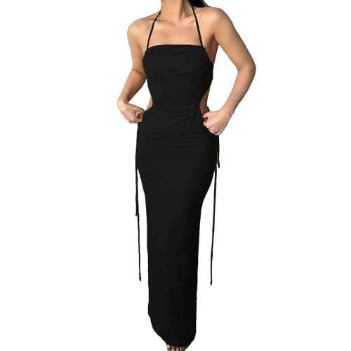 KBRPEY Sexy Kleid Damen für Party Mode Ärmelloses Rückenfreies Kleider Clubnacht Sommer Lange Enges Kleid Damen Unifarbene Eleganz Bodycon Kleids Drapiert Ziehbändchen Hosenträger (Schwarz S) von KBRPEY