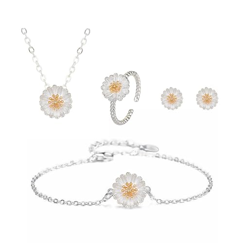 KBRPEY Sonnenblumen Schmuckset Gänseblümchen Halskette Ring Ohrringe und Armband Schmuck Set Blumen Emaille Schmuck Set Modeschmuck Weihnachtsgenchenke Geburtstag Geschenk von KBRPEY