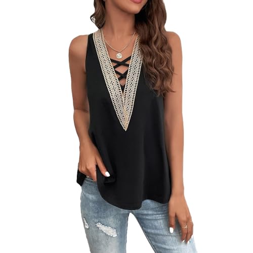 KBRPEY Tank Top Damen Vausschnitt Spitze Neckholder Top Ärmellos Trägertop Elegant Basic Tops Sommer Spaghettiträger Shirt Kreuzgurte Vorne Oberteile Weste Bluse Casual Alltag von KBRPEY