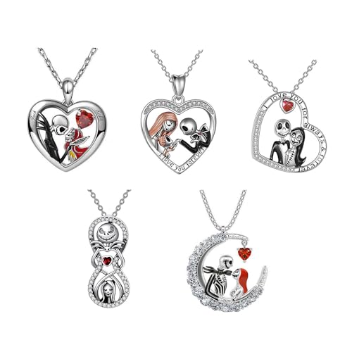 KBRPEY Totenkopf Halskette Schädel Anhänger Damen Halloween Ewige Liebe Totenkopf Herz Anhänger Exquisit Luxus Temperament Vielseitiger Schmuck Fünfteiliges Set Silber von KBRPEY