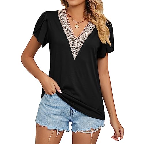 KBRPEY Tshirt Damen Sommer Vausschnitt mit Spitze Basic T Shirt Kurzarm Oberteile Casual Shirts Locker Elegant Tshirt für Frühling Alltag Freizeit Urlaub von KBRPEY