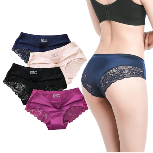 KBRPEY Unterhosen Damen Spitze Slip Stretch Baumwolle Mittel Taille Unsichtbare Weiche Sexy Atmungsaktive Unterwäsche 4er Pack von KBRPEY
