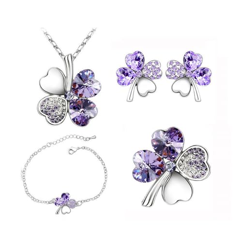 KBRPEY 4 Stück Kleeblatt Schmuckset Kristall Halskette Ohrringe Armband Ring Damen Schmuck Glücksbringer Accessoires von KBRPEY