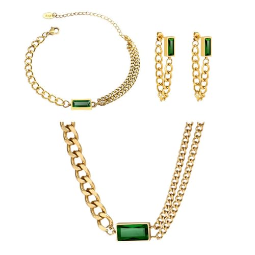 Ketten Schmuck Set Goldkette Ohrringe Halskette 3 Stück Grüner Zirkonia Damen Schmuck Set Zartes Damenschmuck Zubehör Schmuckset Mädchen für Freundin Mutter Tochter Geschenk von KBRPEY