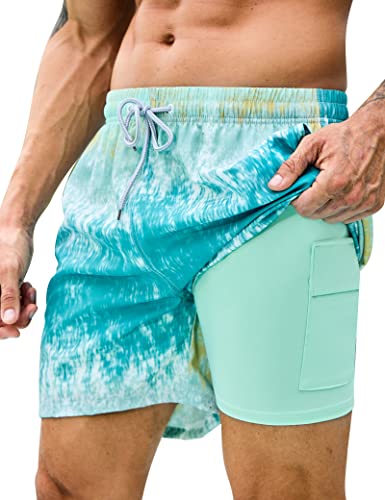 KBVOT Badehose Herren mit Kompression Liner Schnelltrocknend Badeshorts Männer Kurz Boardshorts Schwimmhose 2 in 1 Badehosen mit Innenhose Surfen Strandhose von KBVOT