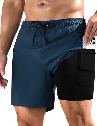 KBVOT Badehose Herren mit Kompression Liner Schnelltrocknend Badeshorts Männer Kurz Boardshorts Schwimmhose 2 in 1 Badehosen mit Innenhose Surfen Strandhose von KBVOT