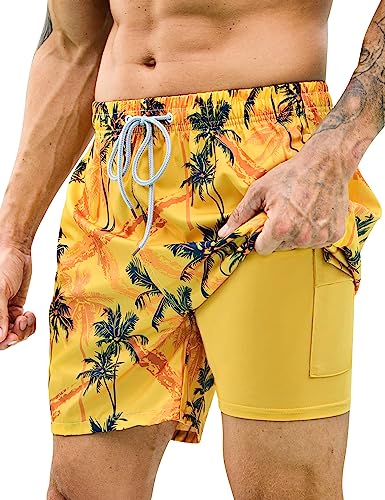 KBVOT Badehose Herren mit Kompression Liner Schnelltrocknend Badeshorts Männer Kurz Boardshorts Schwimmhose 2 in 1 Badehosen mit Innenhose Surfen Strandhose von KBVOT