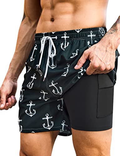 KBVOT Badehose Herren mit Kompression Liner Schnelltrocknend Badeshorts Männer Kurz Boardshorts Schwimmhose 2 in 1 Badehosen mit Innenhose Surfen Strandhose von KBVOT