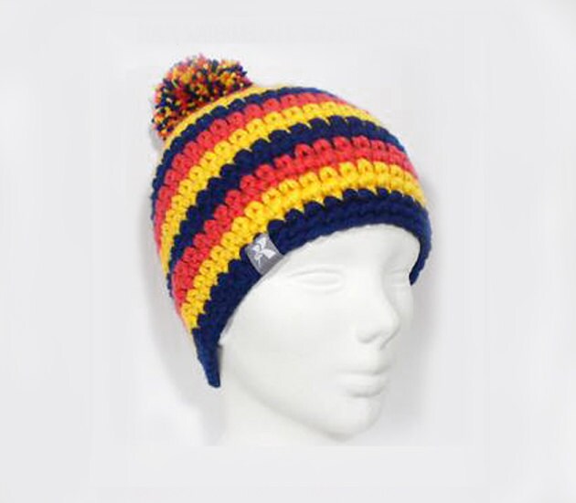 Bommel-Bommel-Mütze-Marine-Blau, Gelb Und Wassermelone Gestreiften Häkeln Hut Winter Snowboard Ski Surf Skate von KBeanies