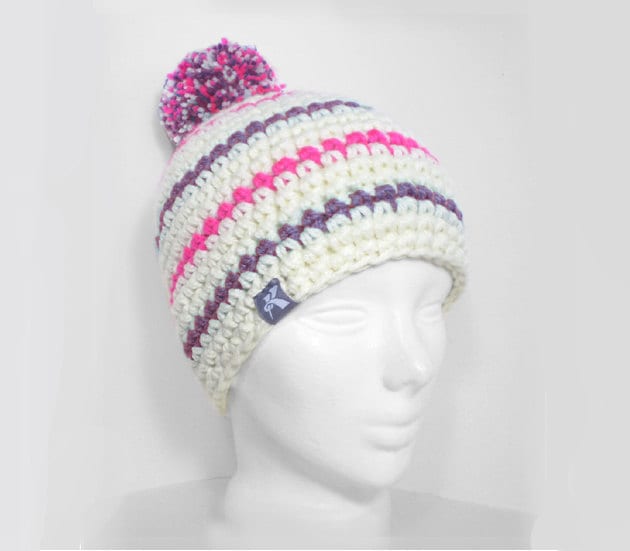 Pompon Bommel Beanie Weiß, Heiße Rosa & Traube Gestreiften Häkeln Hut Winter Snowboard Ski Surf Skate von KBeanies